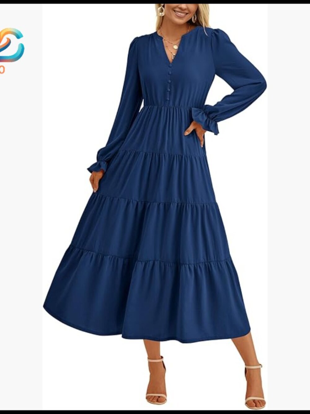 Long Sleeve Maxi Dress V Neck Tiered A Line Flowy Wedding Guest Formal